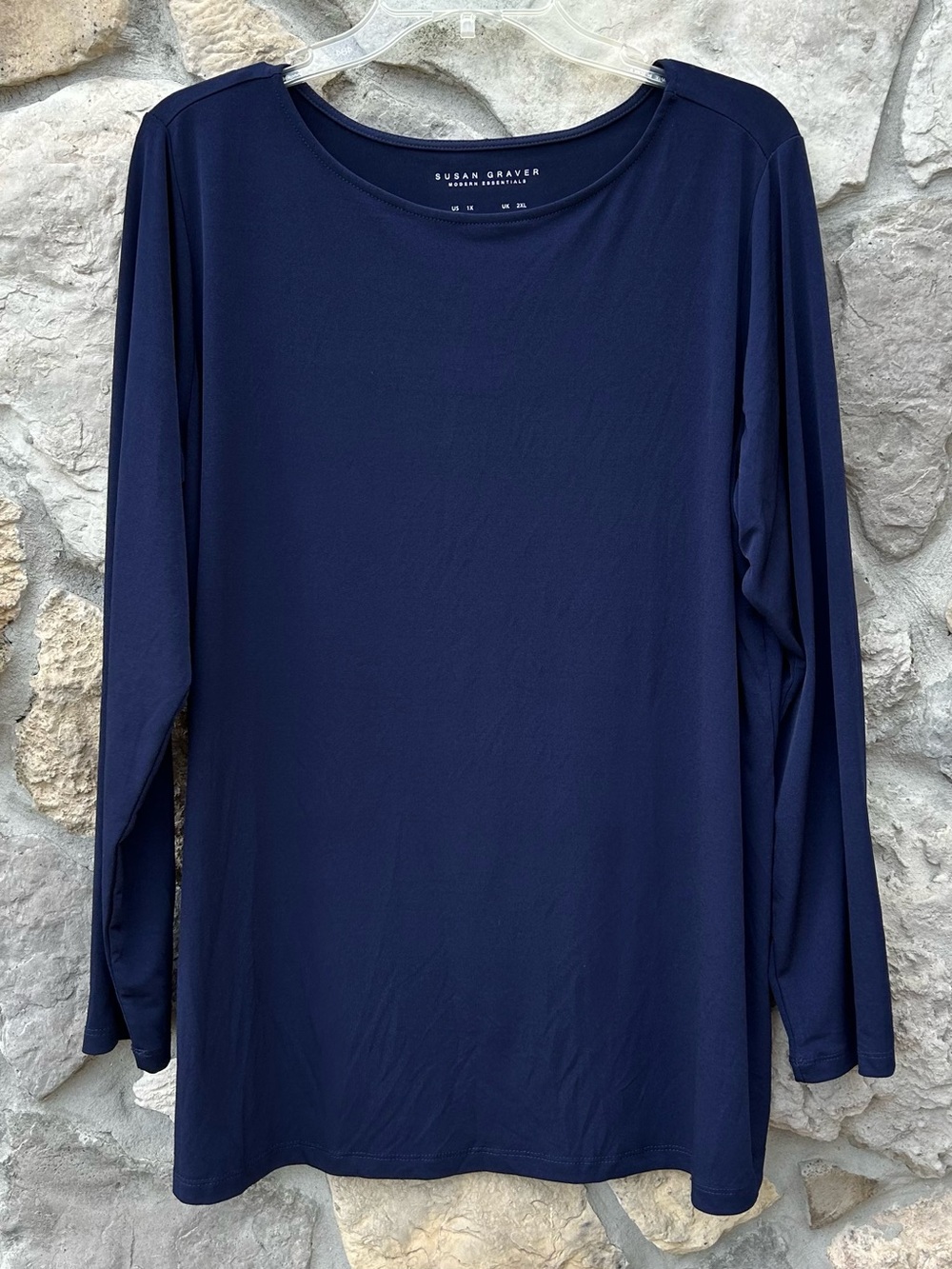 Susan Graver Liquid Knit Tunic Top Size 1X Navy Blue Long Sleeve Casual Blouse